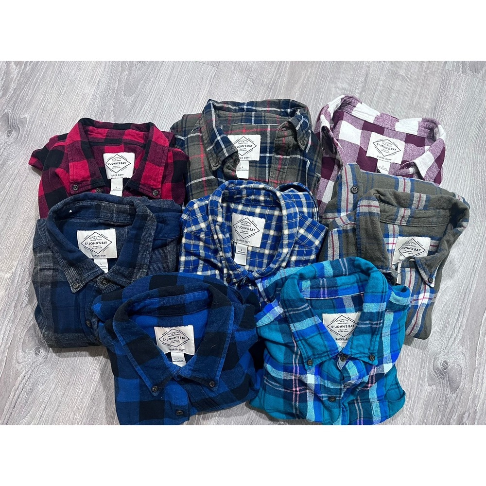 (8) St. Johns Bay Mens Soft Flannel Shirt Long Sleeve Plaid Button Down Lot L